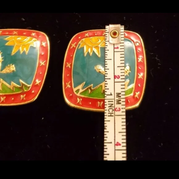 VINTAGE BEREBI ENAMEL CACTUS  EARRINGS Red Green goldtone - Picture 3 of 6